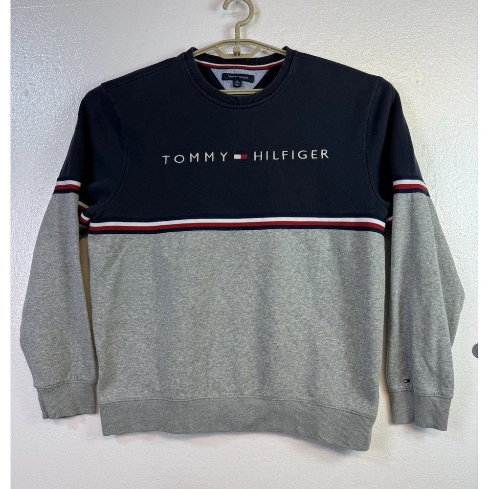 Vtg Tommy Hilfiger Spell Out Sweatshirt Mens Sz XL Crew neck Logo Gray Blue